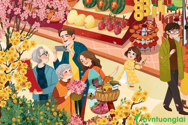 Tranh vẽ chợ hoa ngày tết