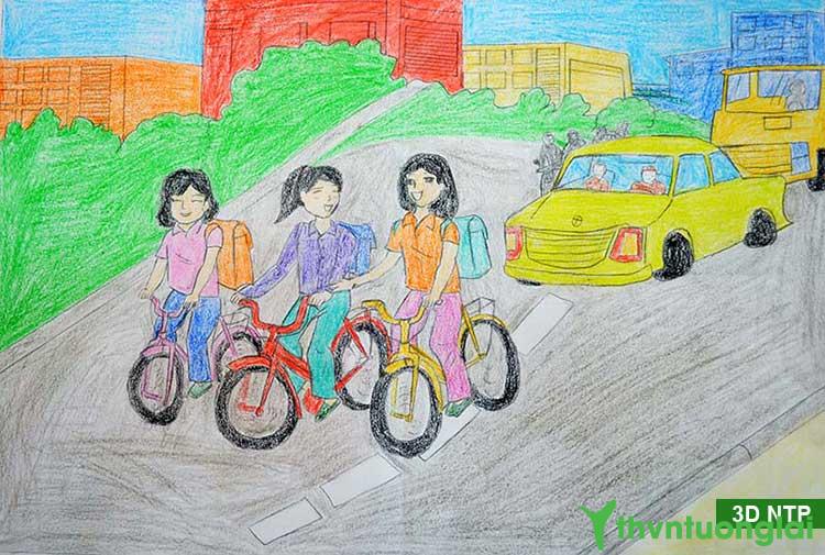 Vẽ tranh an toàn giao thông không đi xe đạp hàng ba