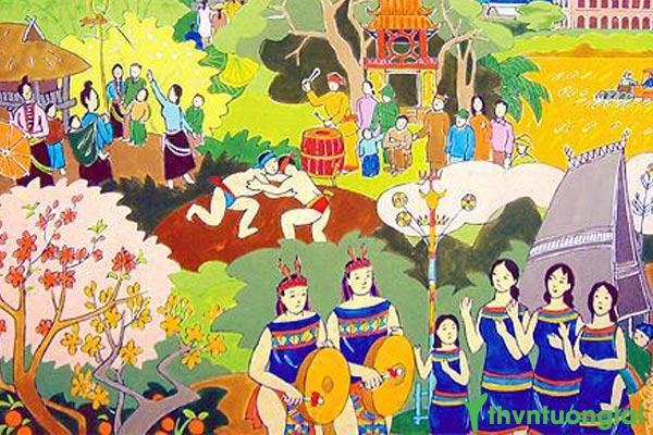 Tranh vẽ lễ hội ngày Tết của các dân tộc Tây Nguyên